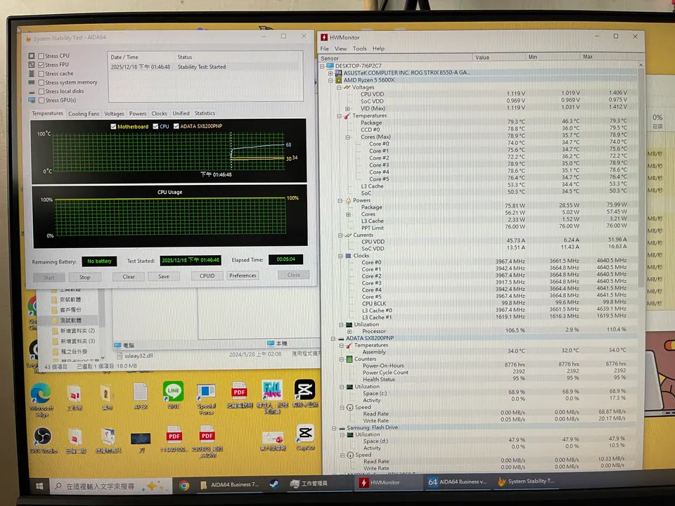 桌機處理前的 FPU 負載與 CPU 溫度畫面