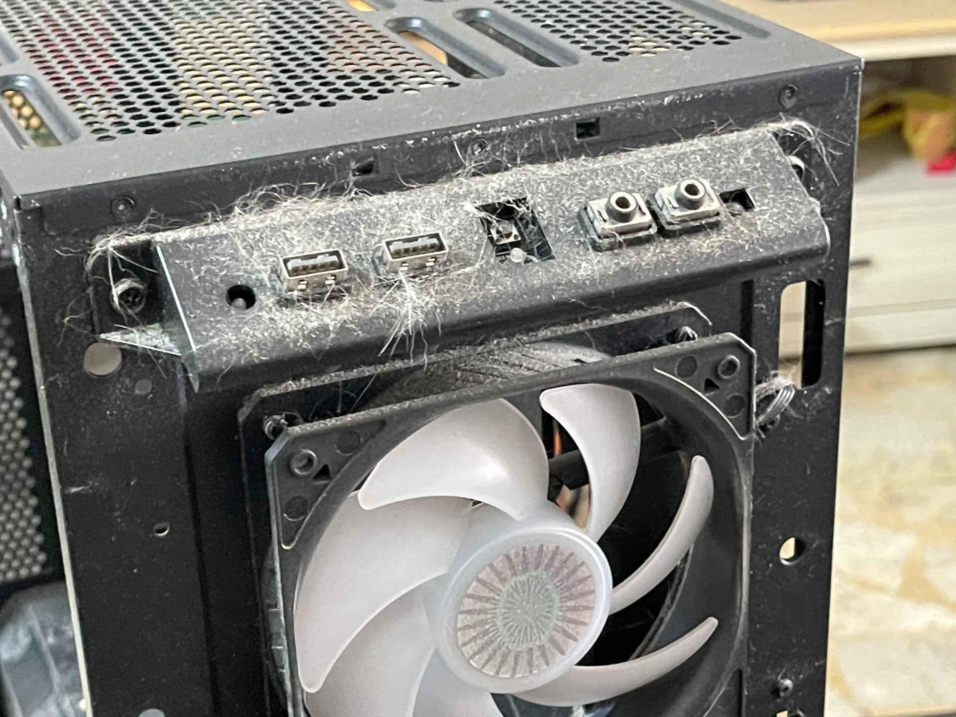 清潔前堆積大量毛絮的機殼前方 I/O 區域
