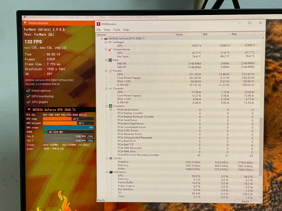 桌機處理後的 FurMark 與 GPU 溫度畫面
