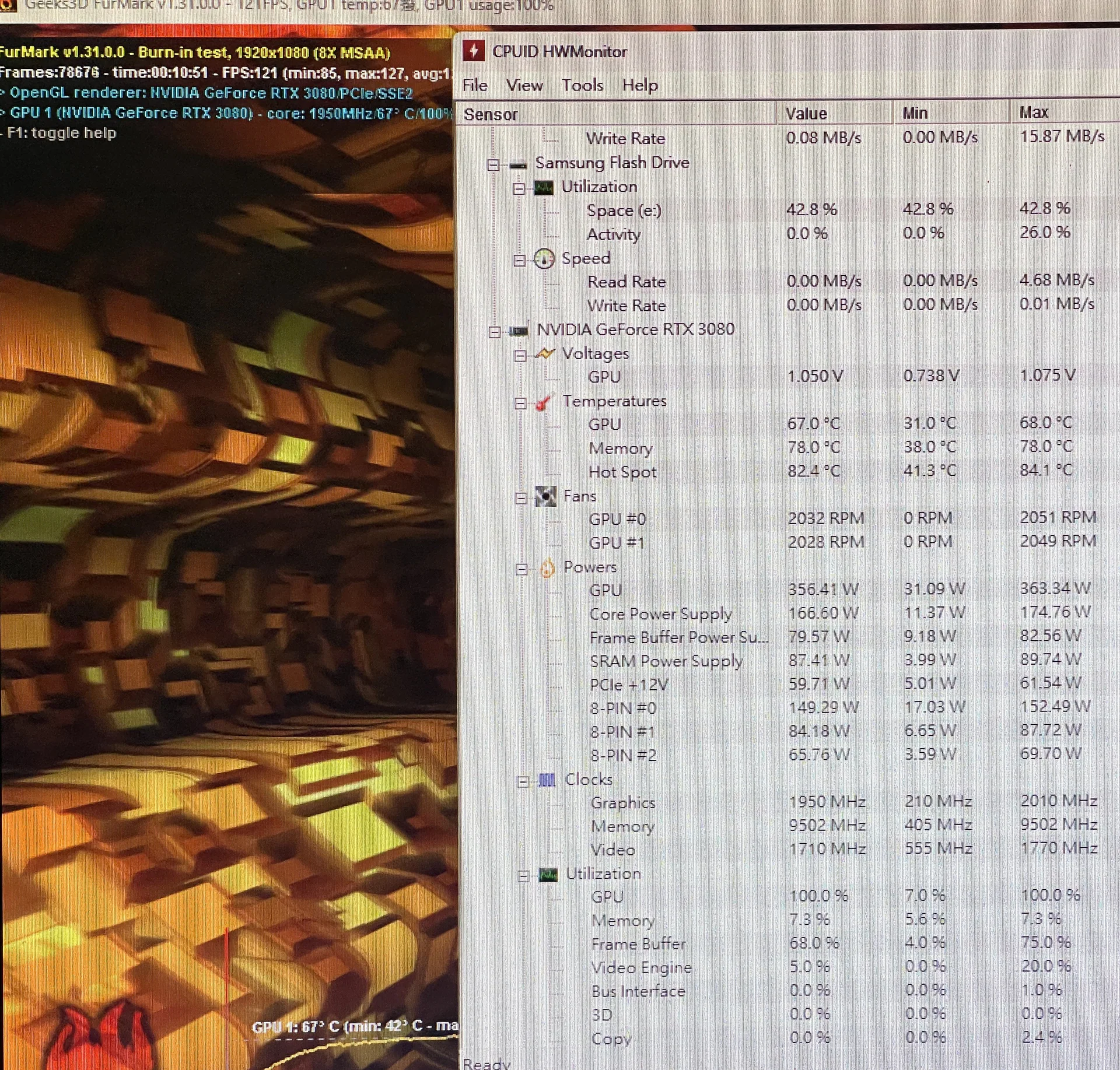 處理後 FurMark 與 HWMonitor 燒機溫度畫面