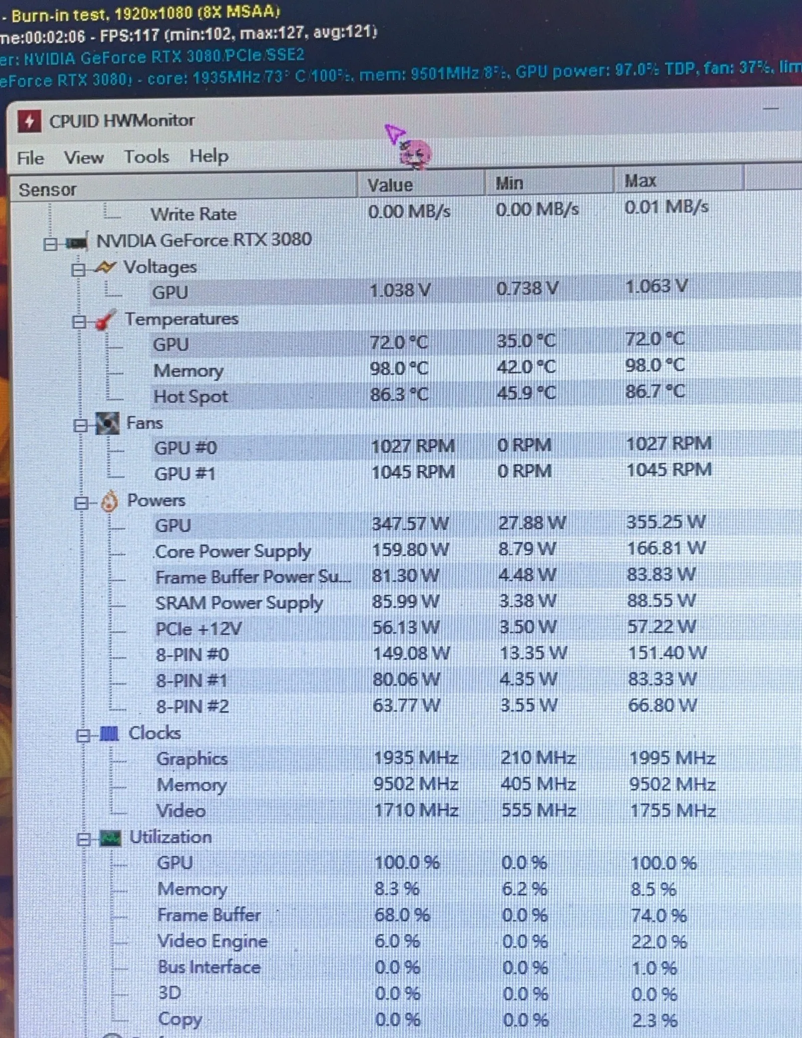處理前 FurMark 與 HWMonitor 溫度紀錄畫面